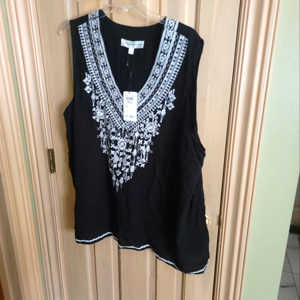 NWT Womens Plus Sz 2X Chelsea & Theodore Black White Embroidered Shirt